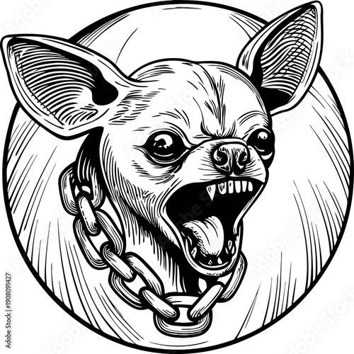 angry chihuahua dog growling with open mouth wearing heavy chain collar in circular frame