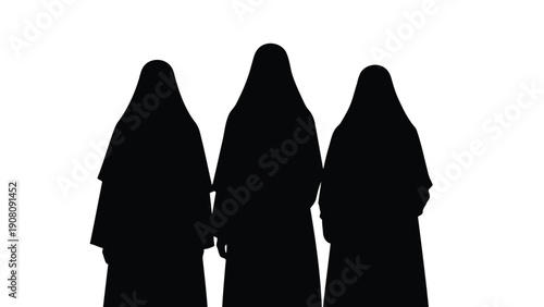 A stark silhouette depicts three figures cloaked in dark garments creating a mysterious scene