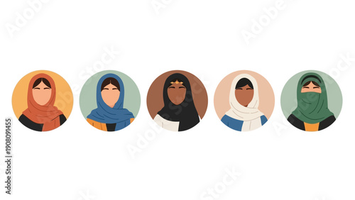 Five diverse women wearing headscarves are depicted in circular portraits showcasing cultural representation