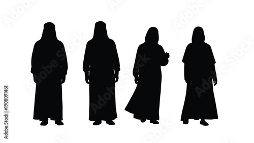 A striking silhouette of four women wearing traditional hijabs and long flowing robes