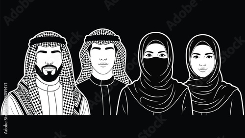 Three mysterious figures with distinct traditional head coverings in monochrome illustration