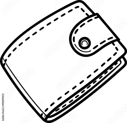 Wallet with button closure, leather accessory for holding cash and cards, simple monochrome line drawing