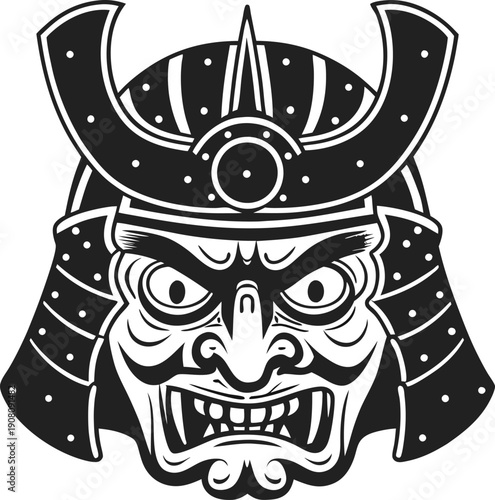 Fierce samurai warrior mask with traditional helmet and sharp details representing strength and ancient japanese culture