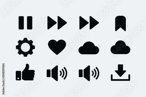 Black multimedia control interface interface button set for video player application on minimalist grey background