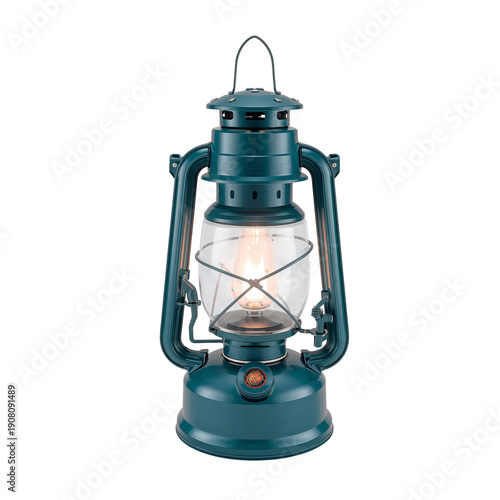 Vintage Lantern in Teal Color With Light Glowing Inside Placed on a Table