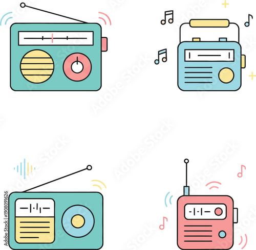 Assorted retro radios illustration with musical notes and vibrant colors from a direct overhead view