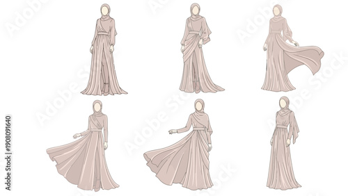 Elegant ballgown designs featuring various necklines and skirt styles in a monochromatic palette