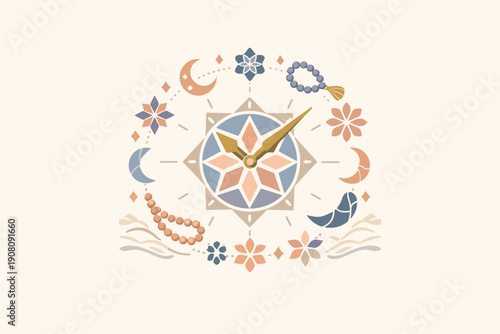 Islamic Prayer Time Concept with Clock and Ramadan Symbols Illustration