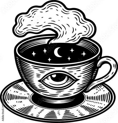 Surreal cup with eye, steam, moon, and stars inside, mystical black and white illustration