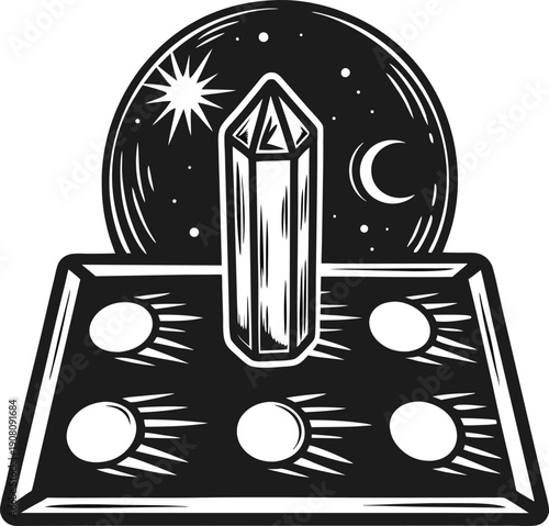 Mystical crystal ball with crystal point and celestial symbols, night sky with stars, sun and crescent moon