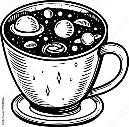 Cup filled with miniature planets and stars, cosmic universe inside a teacup illustration