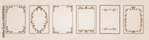 Brown vintage ornate frame vector set, fancy decorative element, rectangle ornament border, royal line floral art design