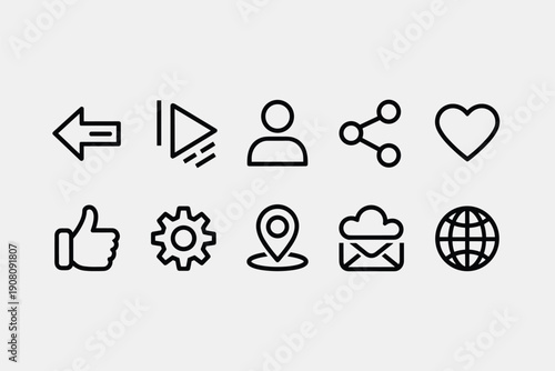 Collection of simple black line icons for interface elements on light grey background