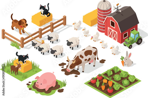 Farm scene with animals and crops in a rural landscape viewed from above
