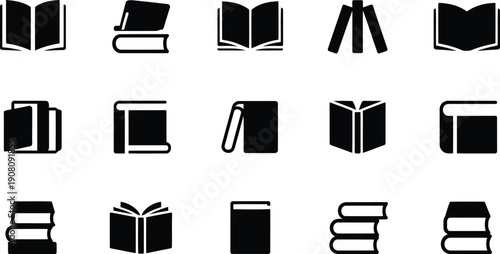 A collection of various black silhouette book icons useful for educational and literary themes