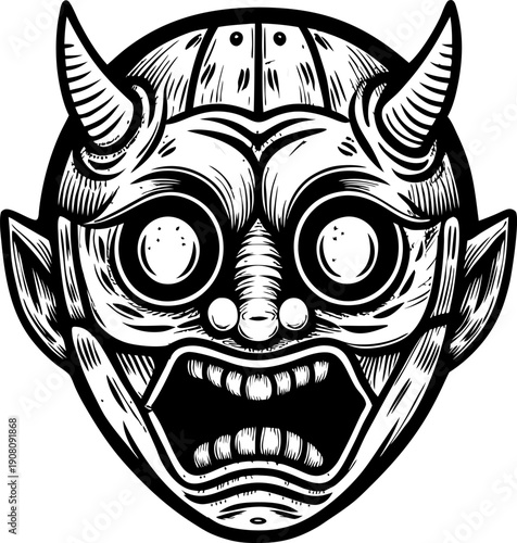 Demonic mask illustration with wide eyes, horns, and open mouth showing teeth tribal horror face with detailed black and white lines