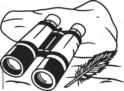 Binoculars and pine twig on rock outdoor nature exploration tools for hiking and wildlife observation