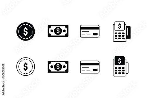 Financial payment method icon set featuring cash coin credit card and pos terminal for checkout and billing service