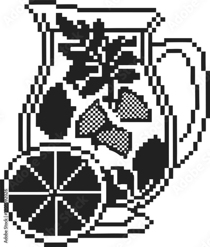 Pixel art pitcher filled with citrus fruit slices and leaves, refreshing summer drink illustration