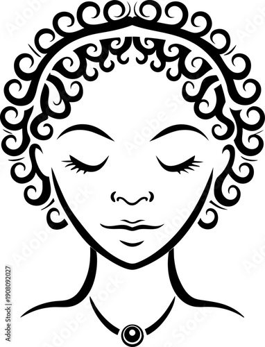 stylized woman's face with curly hair and closed eyes, peaceful expression, minimalistic black line art portrait