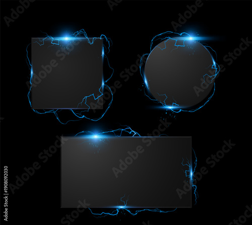 Thunderbolt blue lightning spark effect frame with sparkles around black plates vector set, energy burst power charge