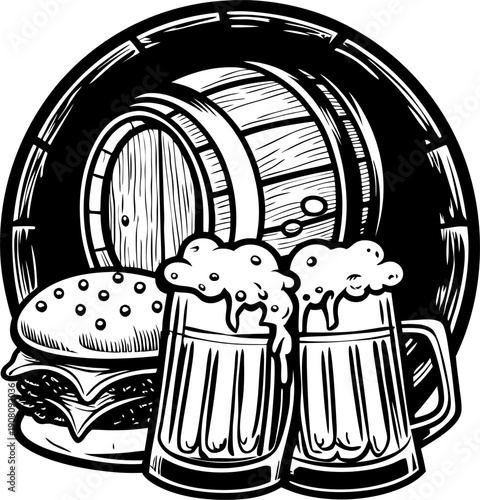 Burger and two frothy beer mugs in front of wooden barrel bar food and drink concept