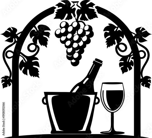 Wine bottle in ice bucket with glass under grapevine arch silhouette design