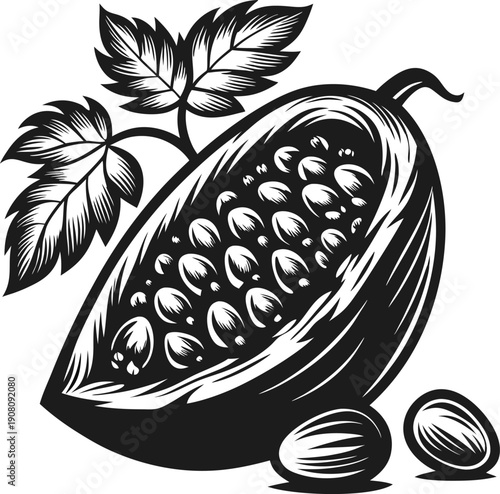 Chocolate cocoa pod with beans and leaves natural raw ingredient for confectionery and baking, tropical fruit, organic crop, healthy food concept