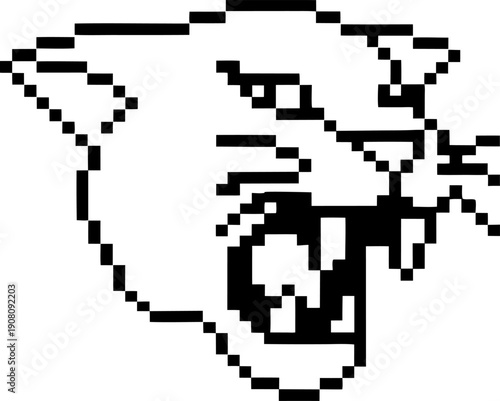 Pixel art wildcat roaring head with open mouth showing teeth and whiskers in black and white outline