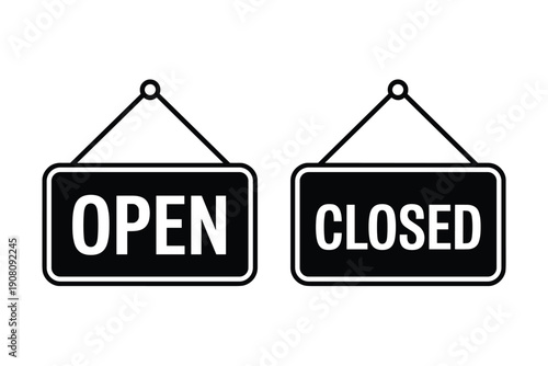 Hanging shop signs with open and closed text for retail storefront windows isolated on white background vector icon