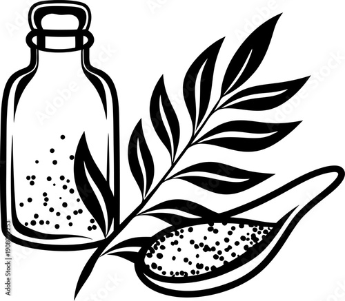 Herbal medicine illustration with glass bottle, leaves, and natural powder in wooden spoon for alternative health remedies