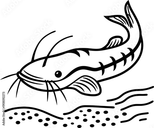 Catfish swimming underwater with detailed whiskers and fins near riverbed sediment and water currents