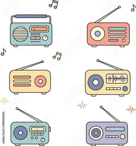 Vibrant Radio Illustrations with Antennae and Music Notes in a White Space