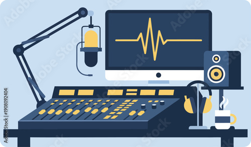 A sleek recording studio setup featuring a soundboard, microphone, and computer screen displaying a waveform, surrounded by speakers on a desk, viewed from the front.