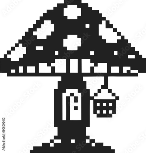 Pixel art mushroom house with door and hanging basket, 8 bit black and white game icon