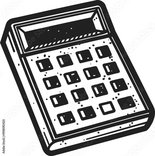 Illustration of a classic handheld calculator with numeric and function buttons in black and white