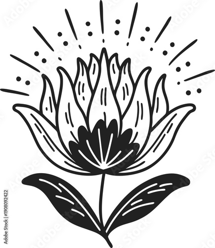 Stylized lotus flower illustration with decorative petals and radiant lines, symbolizing purity and tranquility