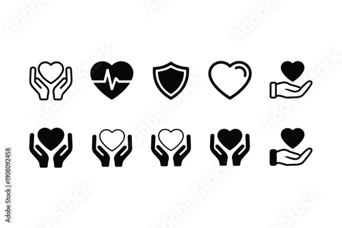 Heart health care icons collection featuring hands holding heart shape medical pulse symbol insurance and charity