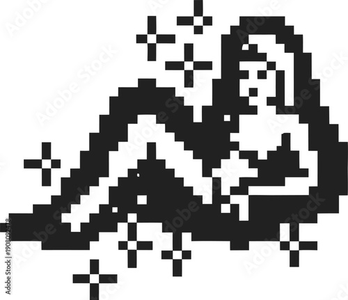 Pixel art woman reclining with sparkles around retro digital figure sitting, relaxing with glitter effects