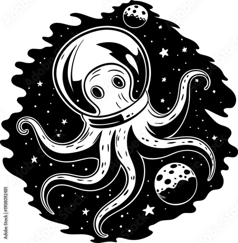 octopus astronaut floating in outer space with planets and stars, cosmic sea creature in space helmet adventure