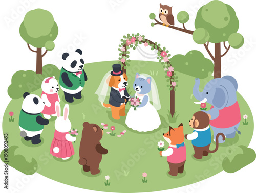 Cartoon animals gathering at a whimsical outdoor wedding ceremony in a serene forest setting