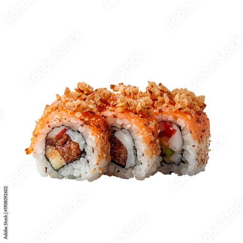 Sushi Rolls With Crispy Topping on White Background