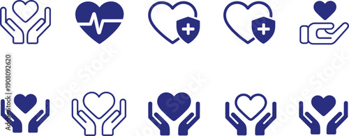 Healthcare charity and heart protection icons set with care hands medical pulse insurance shield and love symbol