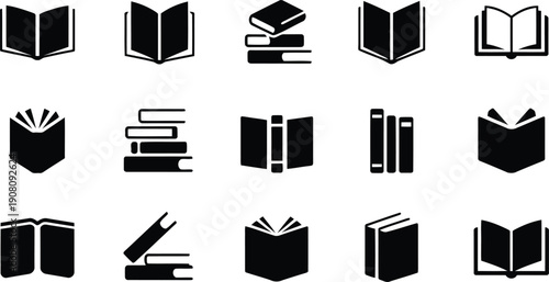 A comprehensive collection of fifteen black book icons displayed in various open and closed positions