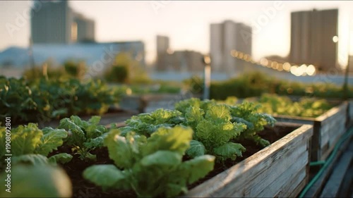 Fresh green leafy vegetables flourish in raised garden beds, illustrating sustainable urban agriculture atop a city building with a blurred skyline