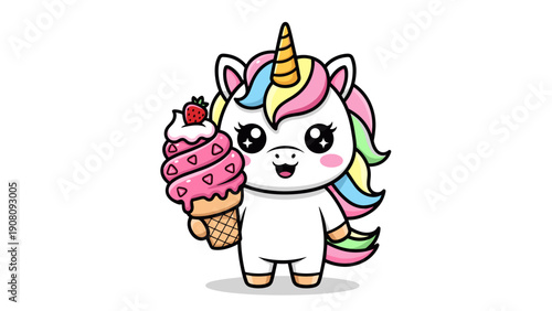 Cartoon Unicorn Holding Ice Cream.
