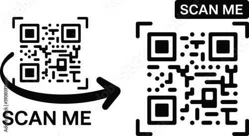 Two qr code with scan me text and arrow in black color isolated on transparent background