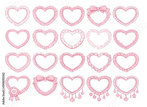 Fotografie Pink coquette heart frames and decorative borders set with lace, ribbons, bows, and ruffled aesthetic elements for romantic wedding and Valentine's Day design