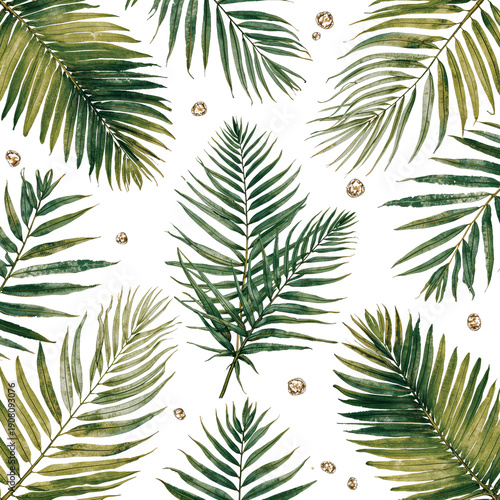 Tropical Leaves Pattern With Small Decorative Elements on a White Background