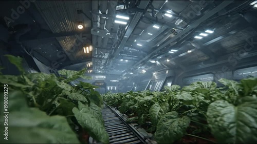 Futuristic vertical farm nurtures rows of lush green plants in a high-tech indoor setting, demonstrating advanced sustainable agricultural practices